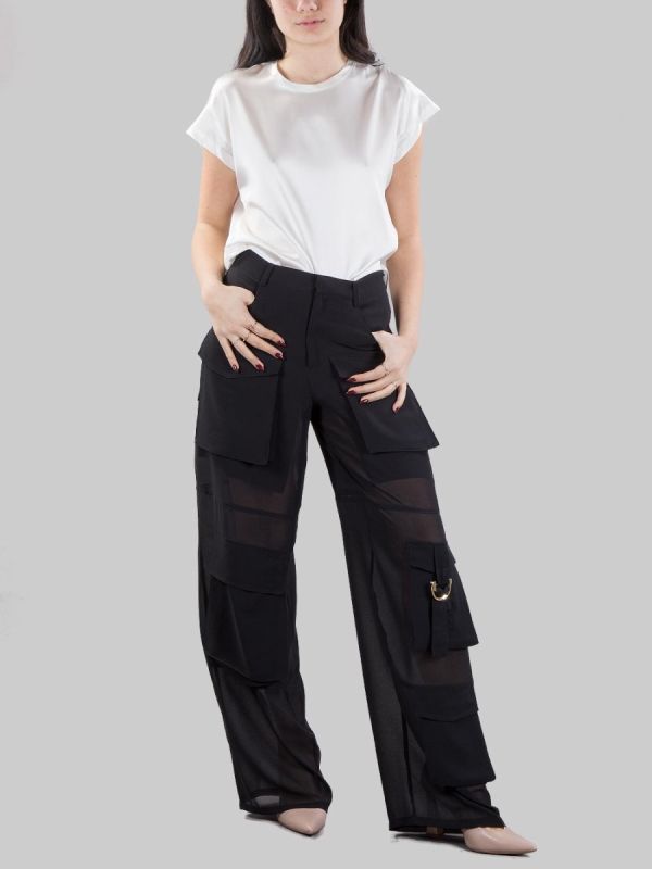 Buy CAMPOFIORIN CARGO PANTS IN BLACK GEORGETTE WITH TRANSPARENTS