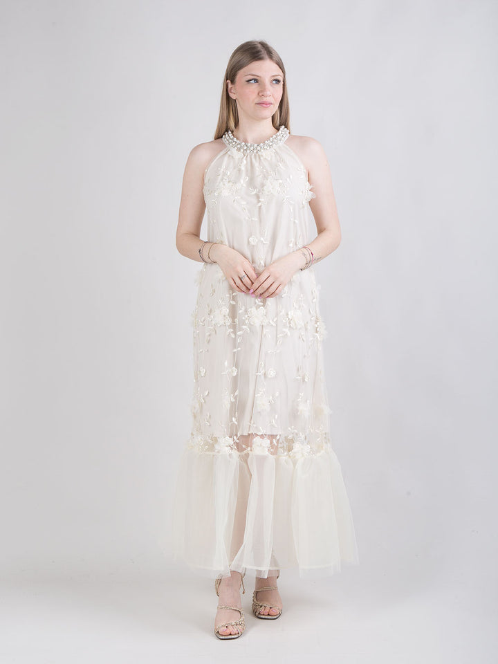 Abito midi in tulle ricamato con dettagli gioiello