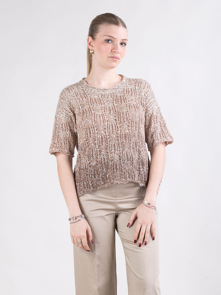 Maglia corta traforata con cristalli e lavorazione degradé