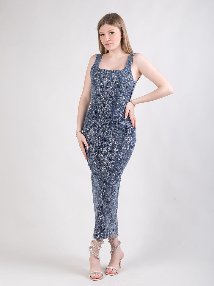 Abito tubino midi in denim con microstrass