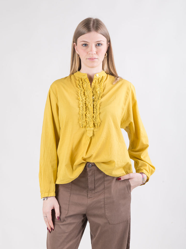 Camicia con collo alla coreana e rouche