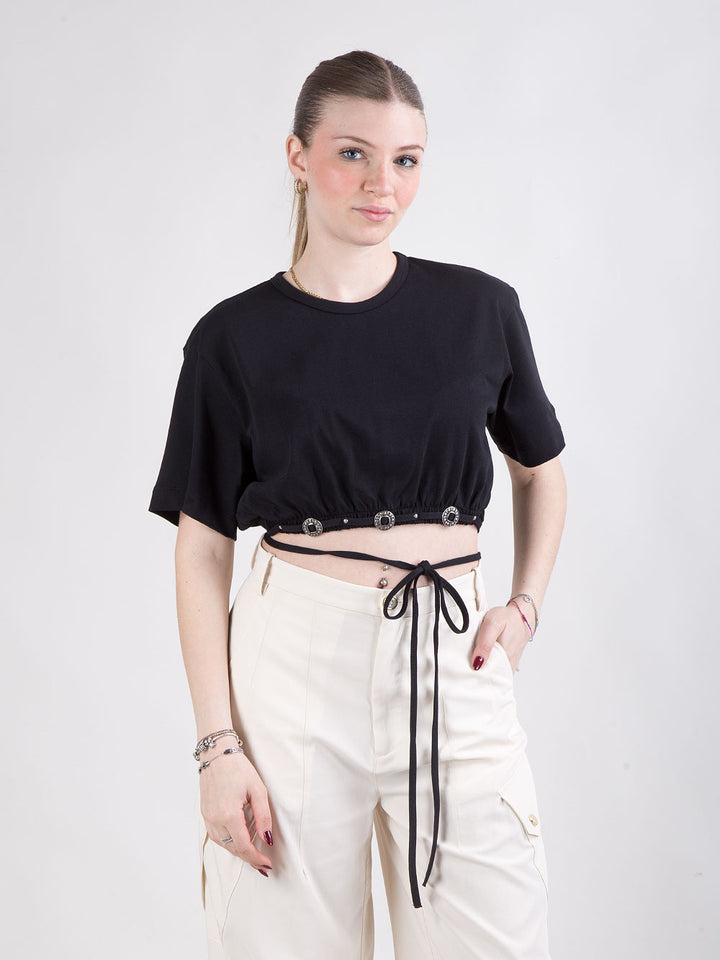 T-shirt cropped con laccio in vita