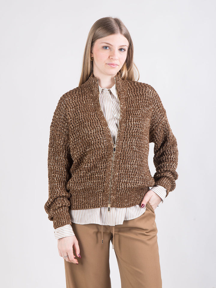 Cardigan in cotone a rete con paillettes e zip