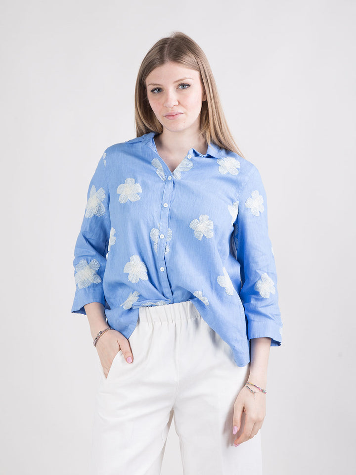 Camicia in lino con ricami floreali