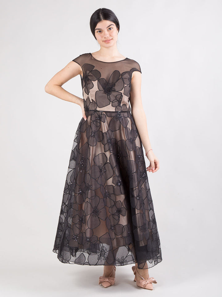 Abito midi in tulle ricamato con paillettes e sottoveste a contrasto