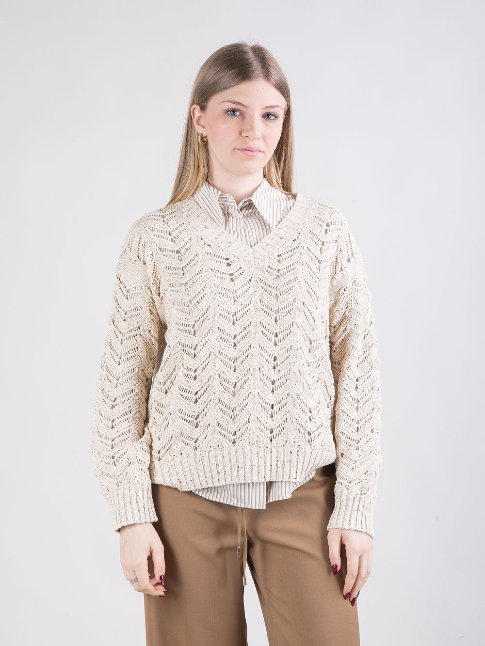 Maglia Chevron traforata con micro paillettes