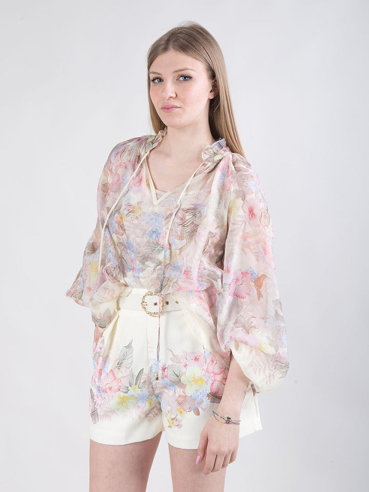 Blusa fantasia floreale e uccelli