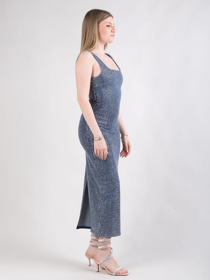 Abito tubino midi in denim con microstrass