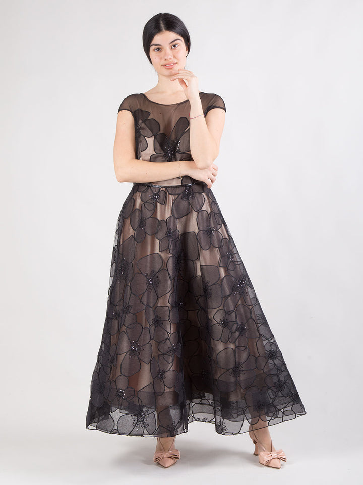 Abito midi in tulle ricamato con paillettes e sottoveste a contrasto