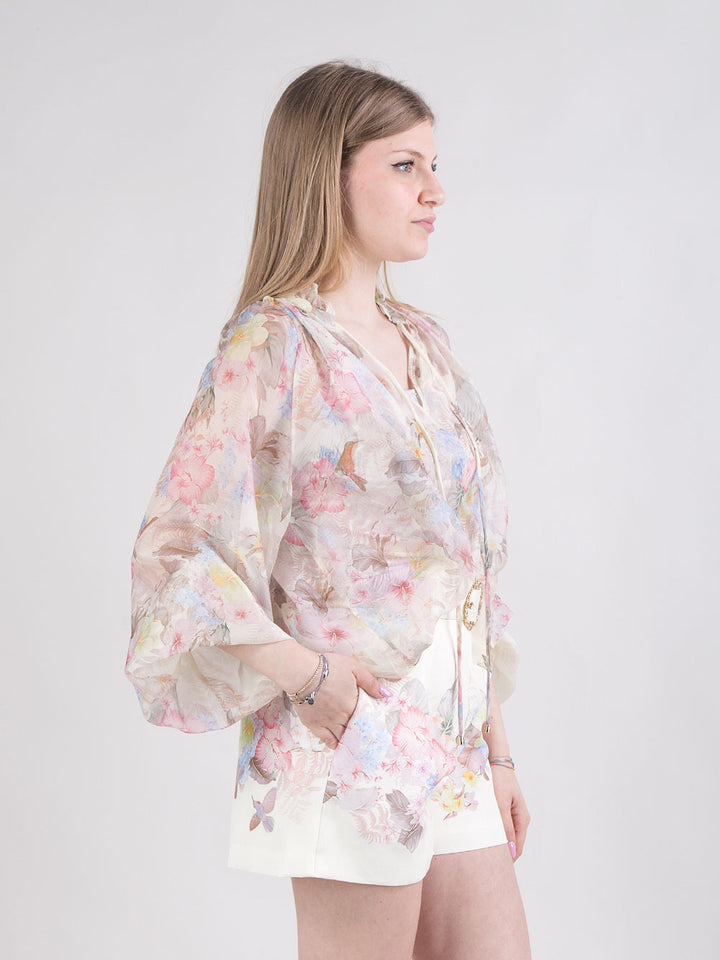 Blusa fantasia floreale e uccelli
