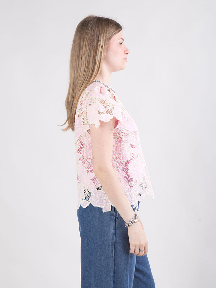 Blusa in pizzo con strass sul collo