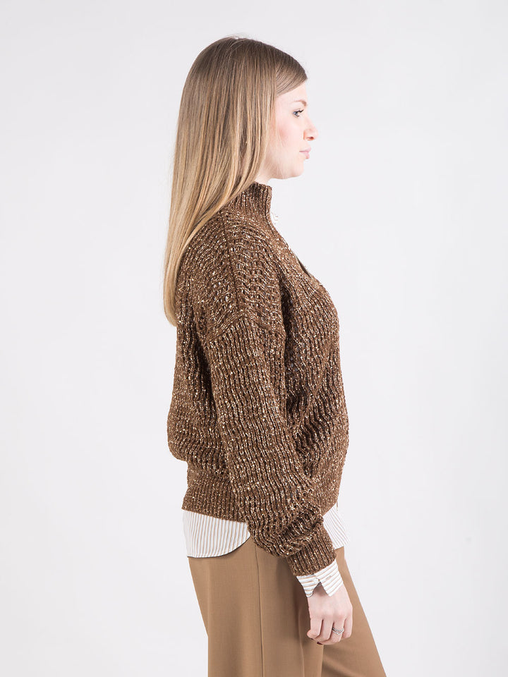 Cardigan in cotone a rete con paillettes e zip