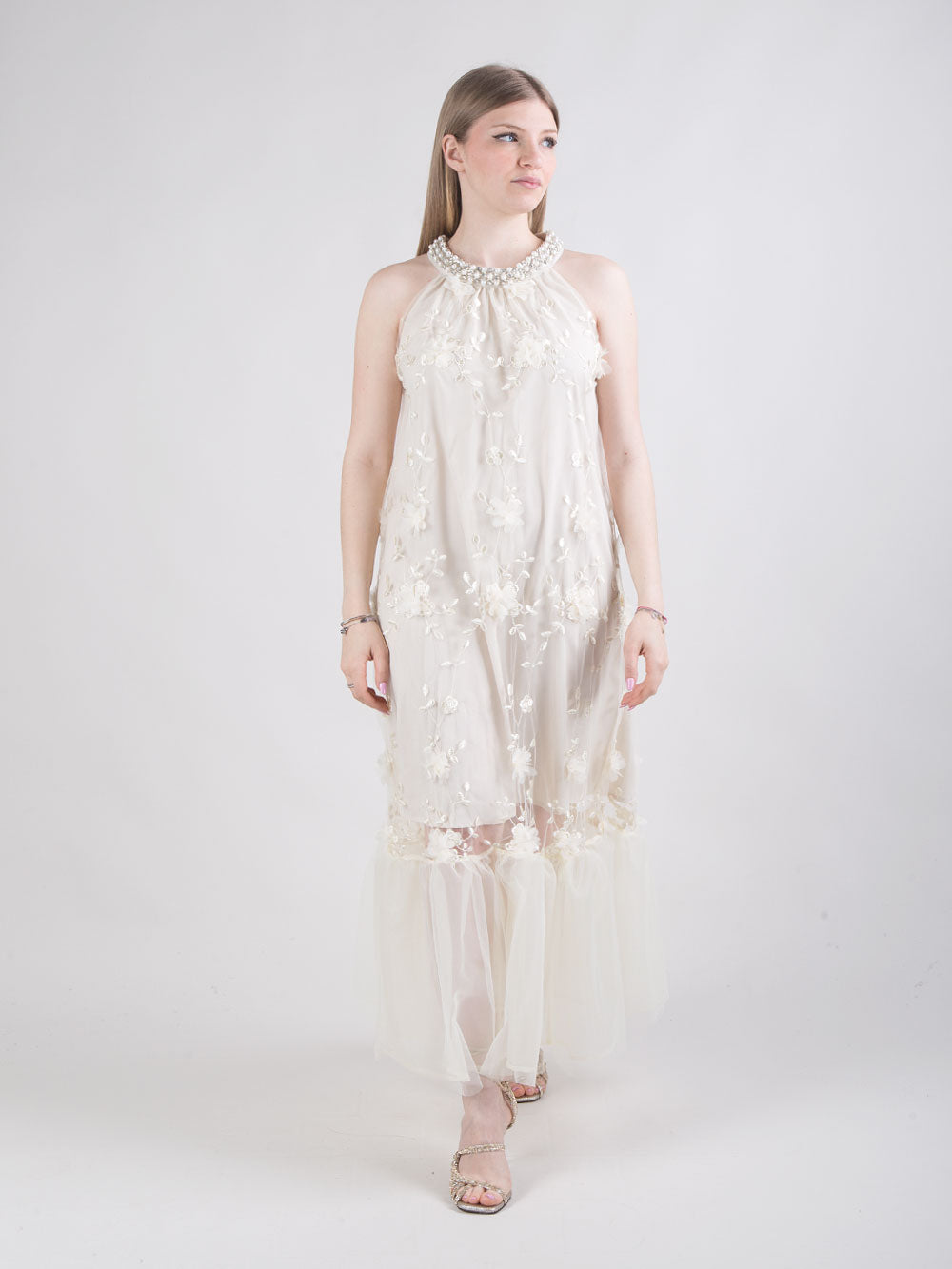 Abito midi in tulle ricamato con dettagli gioiello