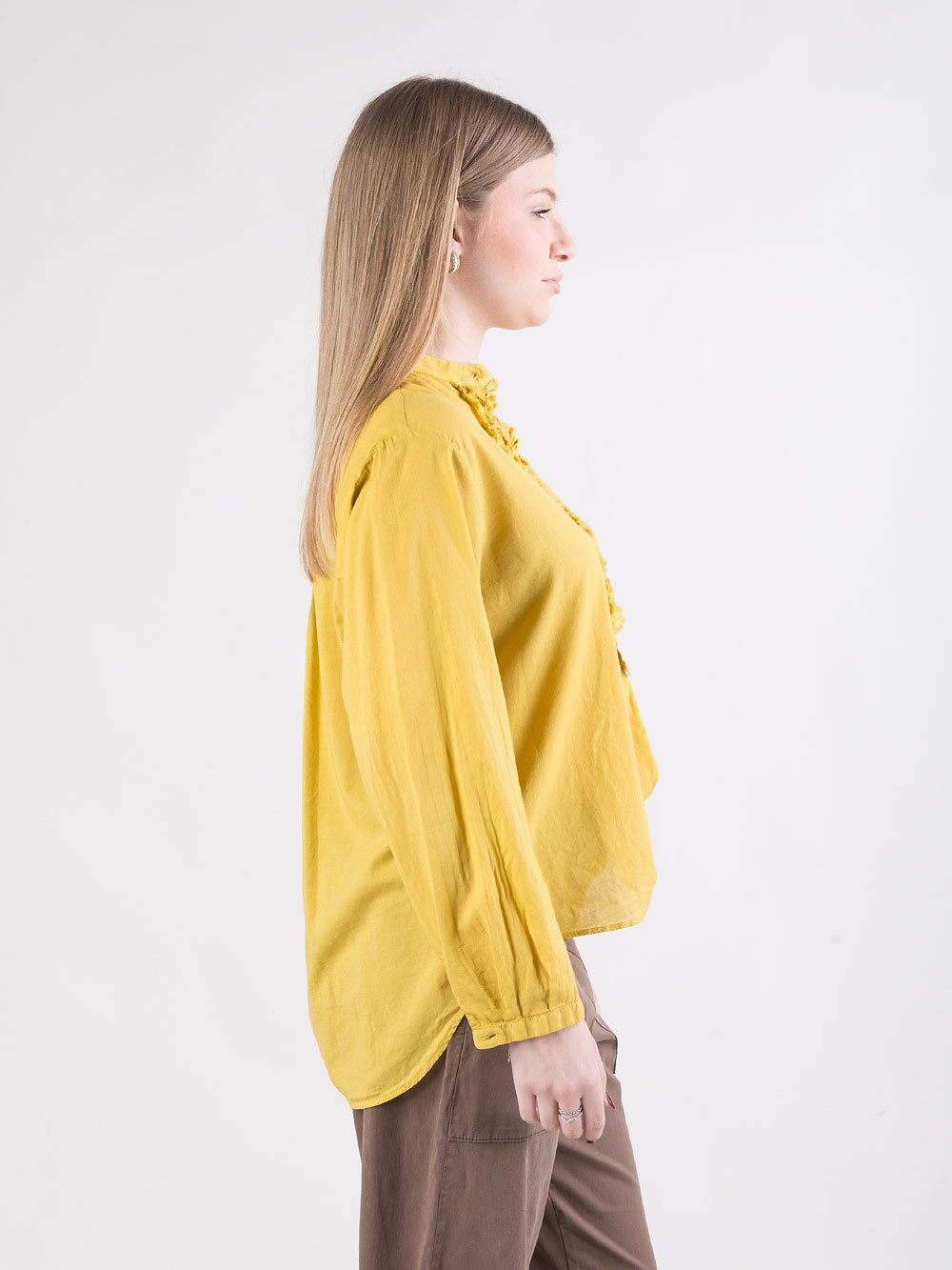 Camicia con collo alla coreana e rouche
