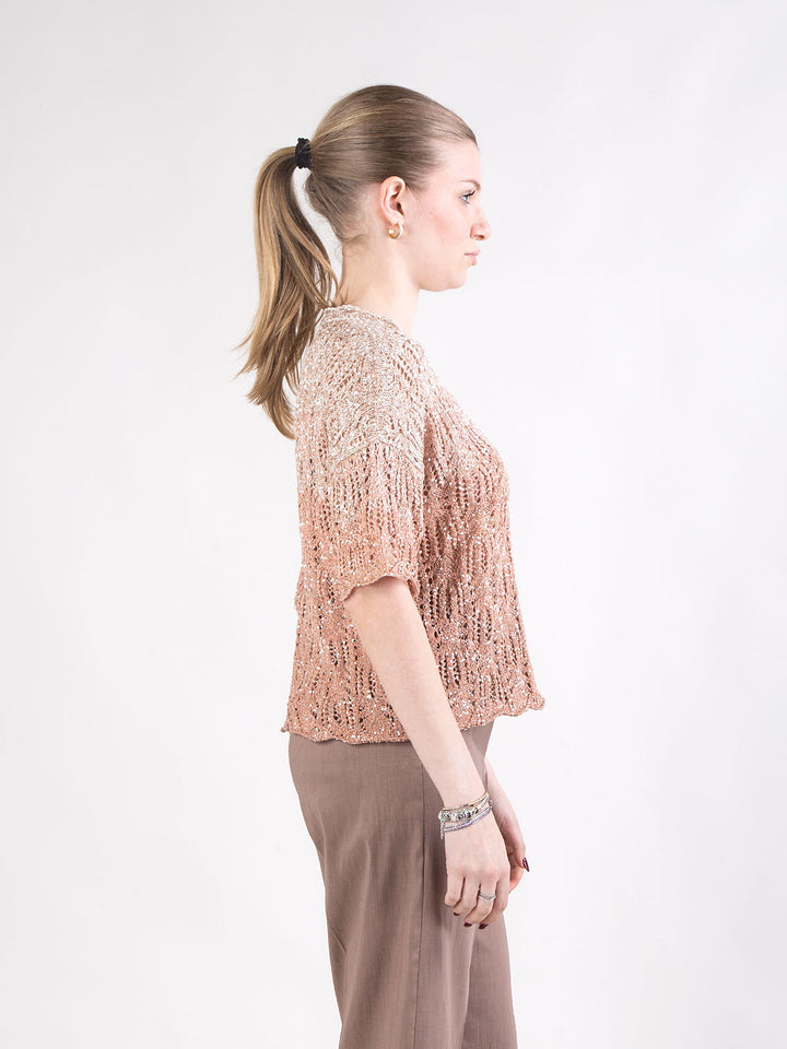 Maglia corta traforata con cristalli e lavorazione degradé