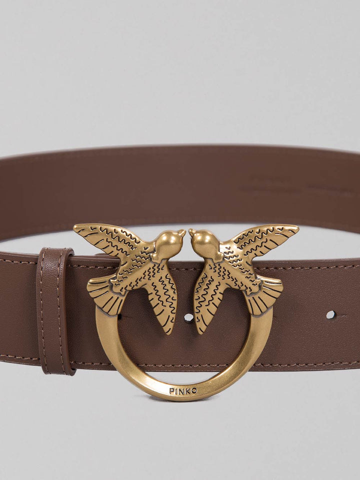 CINTURA LOVE BERRY IN PELLE LISCIA MARRONE CON FIBBIA LOVE BIRDS