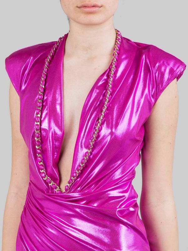 MINI FUCHSIA DRESS IN LAMINATED JERSEY WITH NECKLACE
