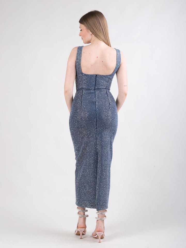 Abito tubino midi in denim con microstrass