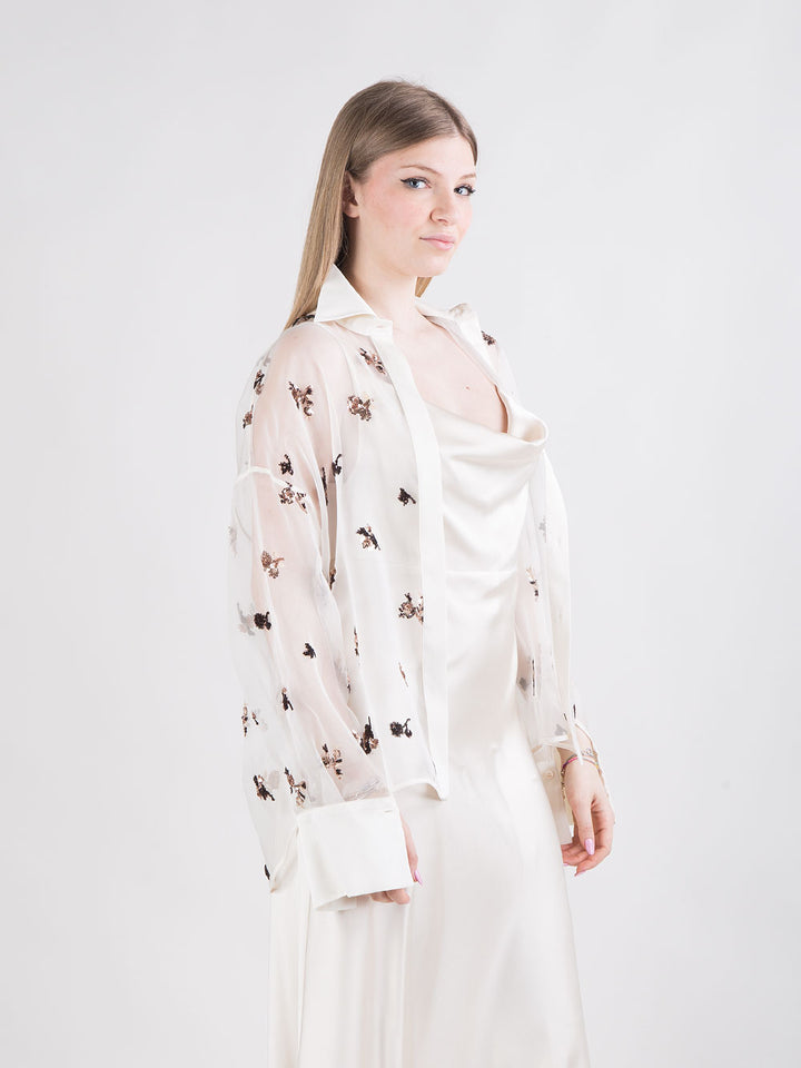 Camicia in organza di seta con fiori in paillettes