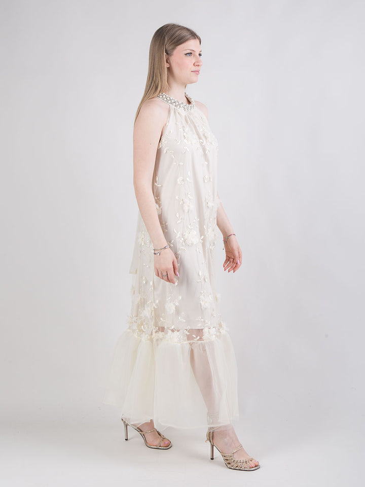 Abito midi in tulle ricamato con dettagli gioiello