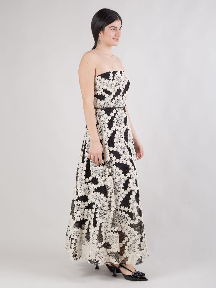 Abito midi a fascia in pizzo con cintura strass