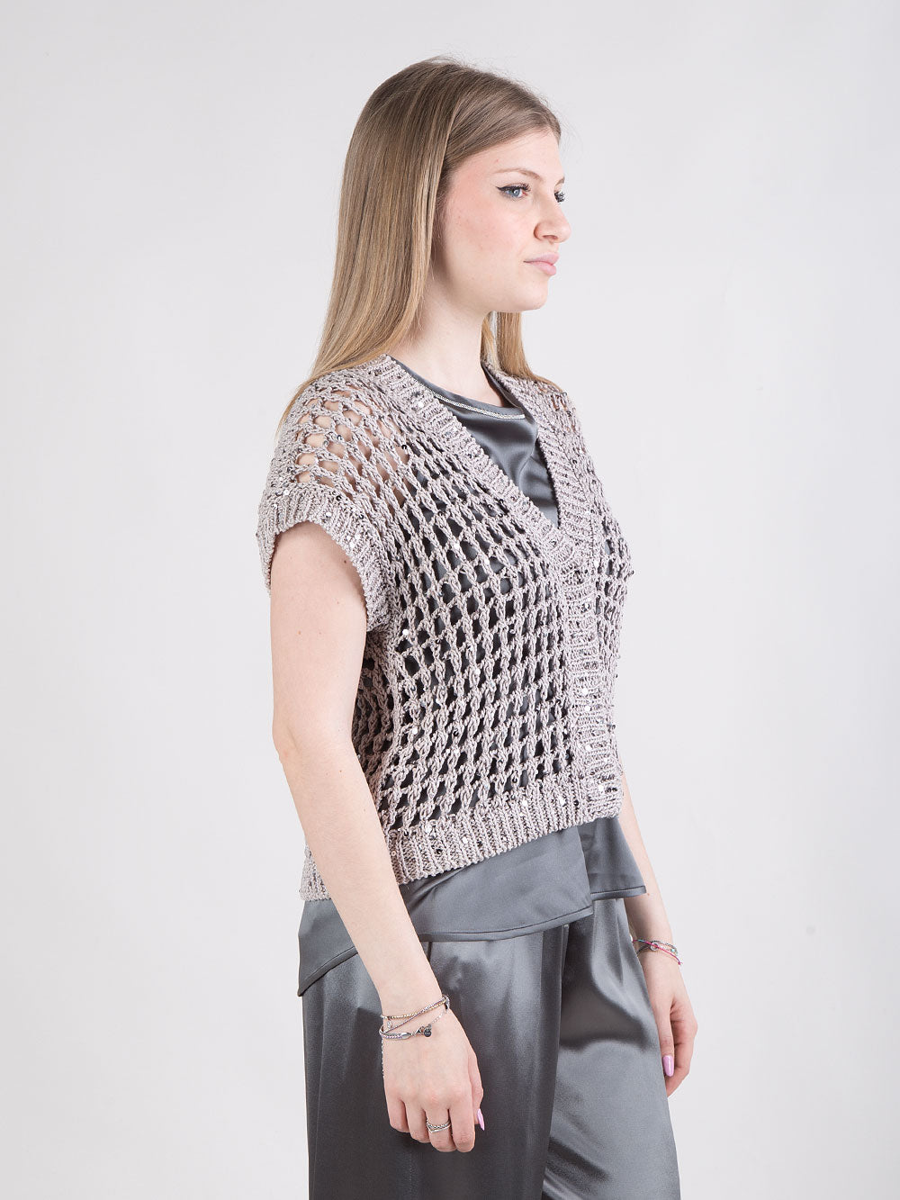 Cardigan a rete con maxi paillettes