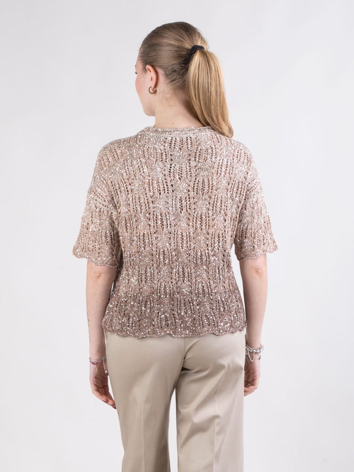 Maglia corta traforata con cristalli e lavorazione degradé