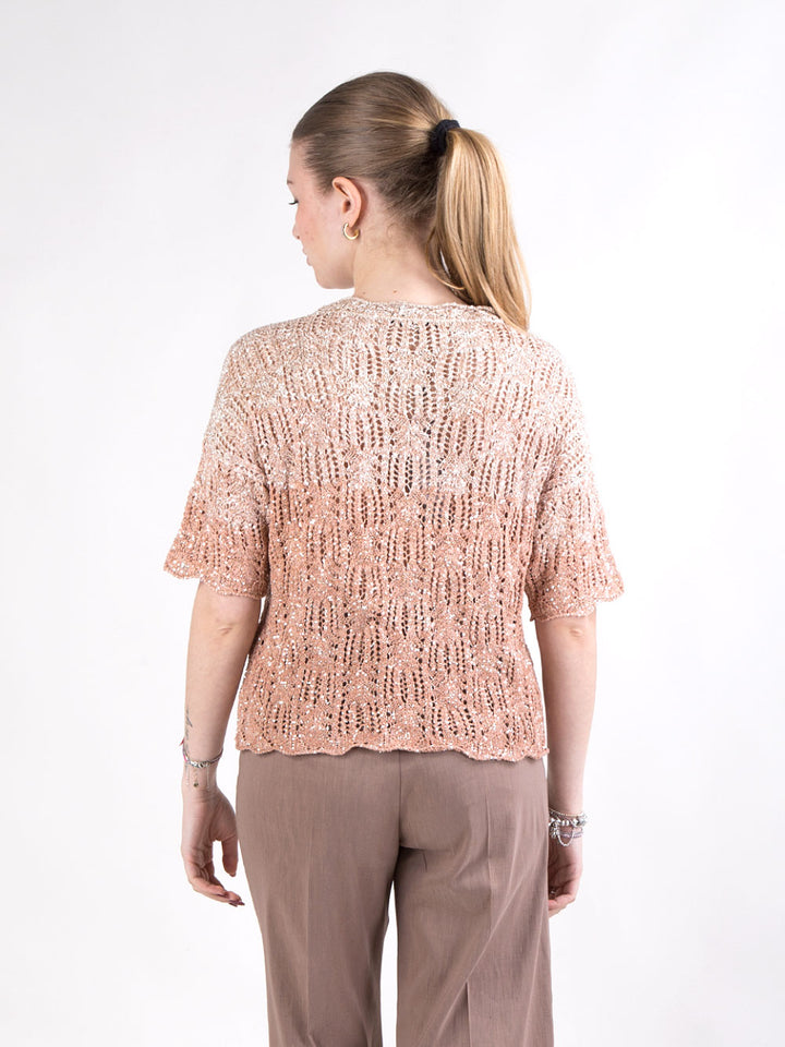 Maglia corta traforata con cristalli e lavorazione degradé