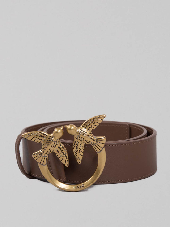 CINTURA LOVE BERRY IN PELLE LISCIA MARRONE CON FIBBIA LOVE BIRDS