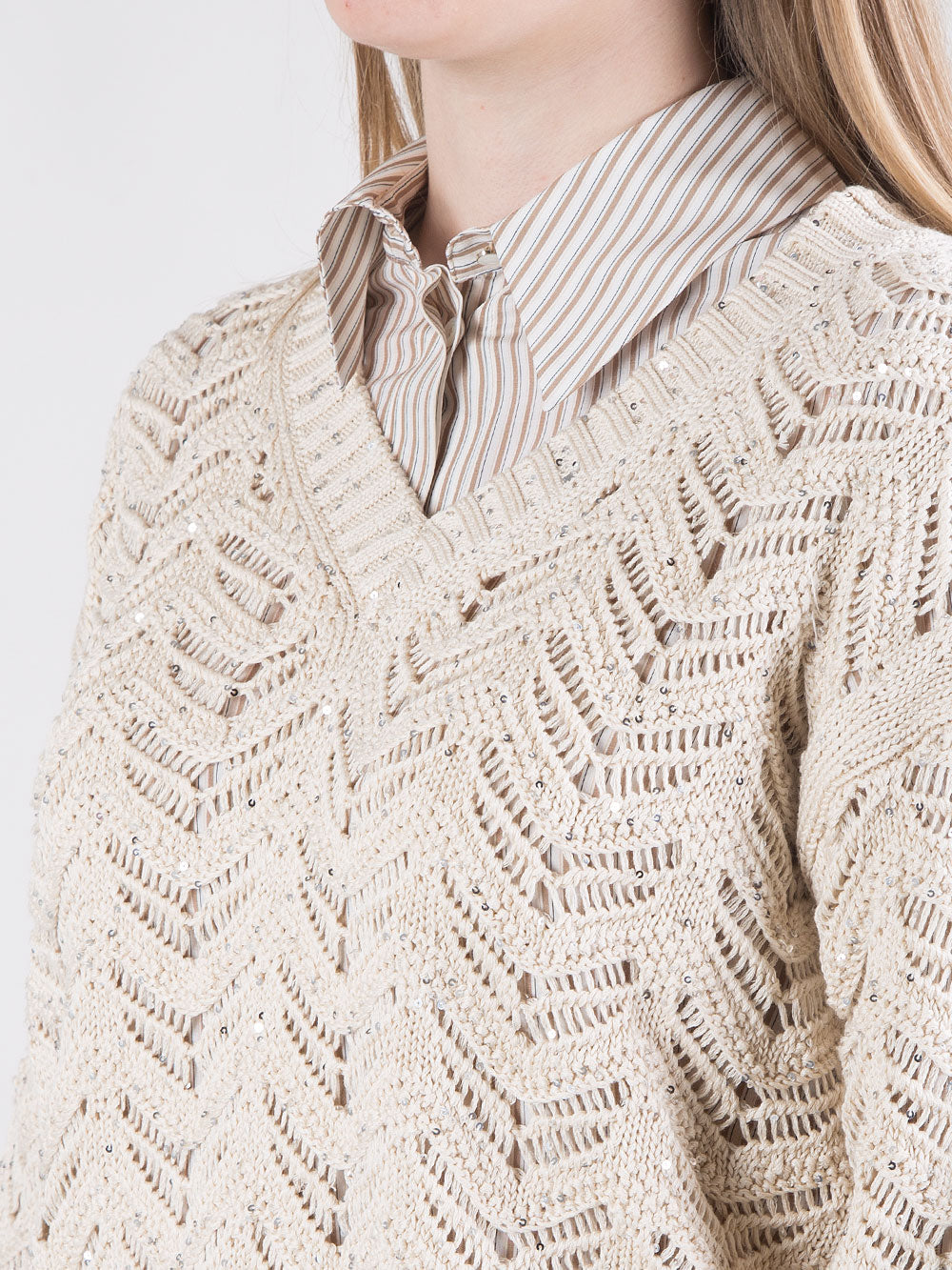 Maglia Chevron traforata con micro paillettes