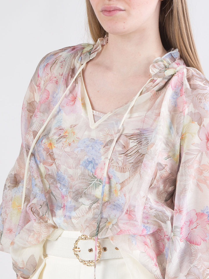 Blusa fantasia floreale e uccelli