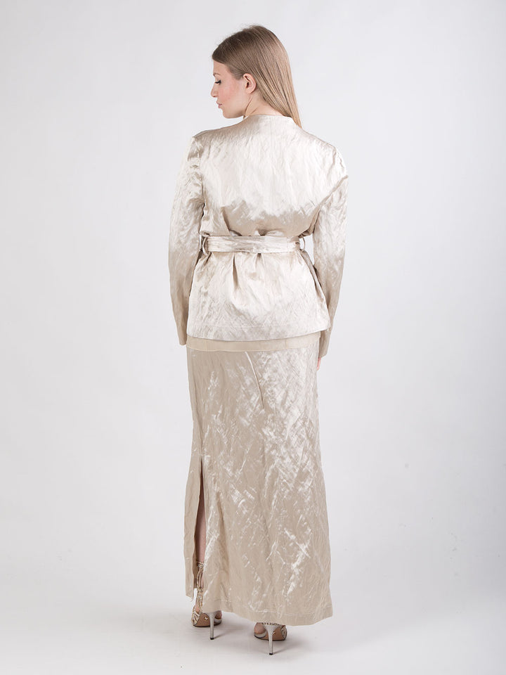 Completo giacca e gonna in viscosa stropicciata beige dorato
