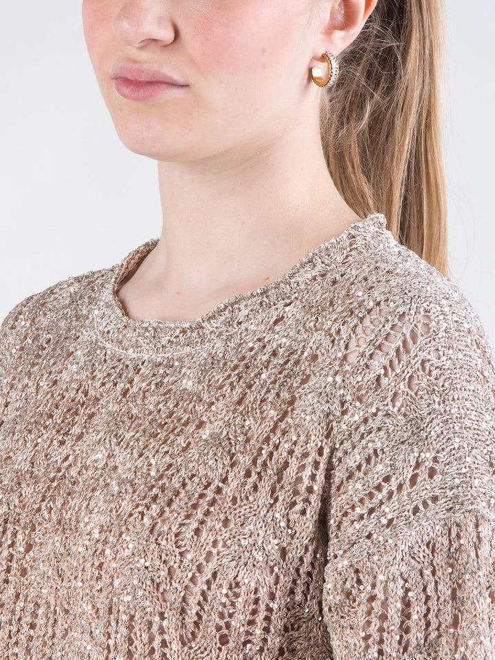 Maglia corta traforata con cristalli e lavorazione degradé