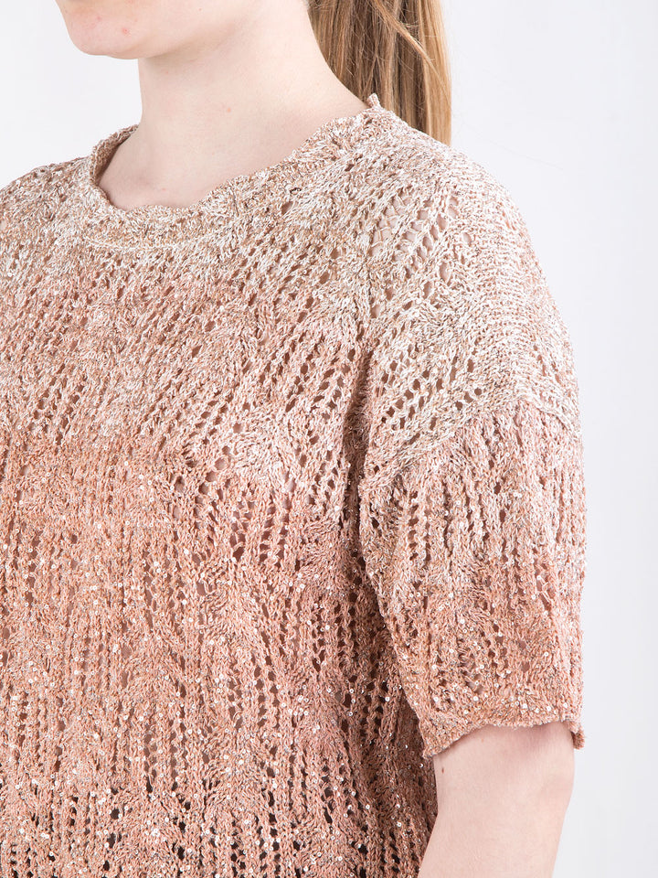 Maglia corta traforata con cristalli e lavorazione degradé