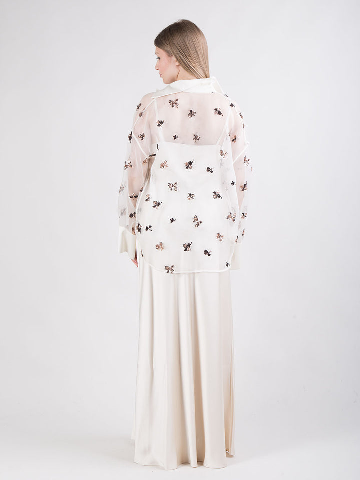 Camicia in organza di seta con fiori in paillettes