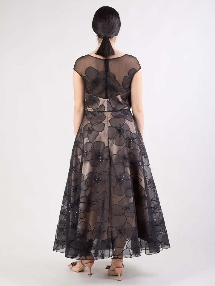 Abito midi in tulle ricamato con paillettes e sottoveste a contrasto