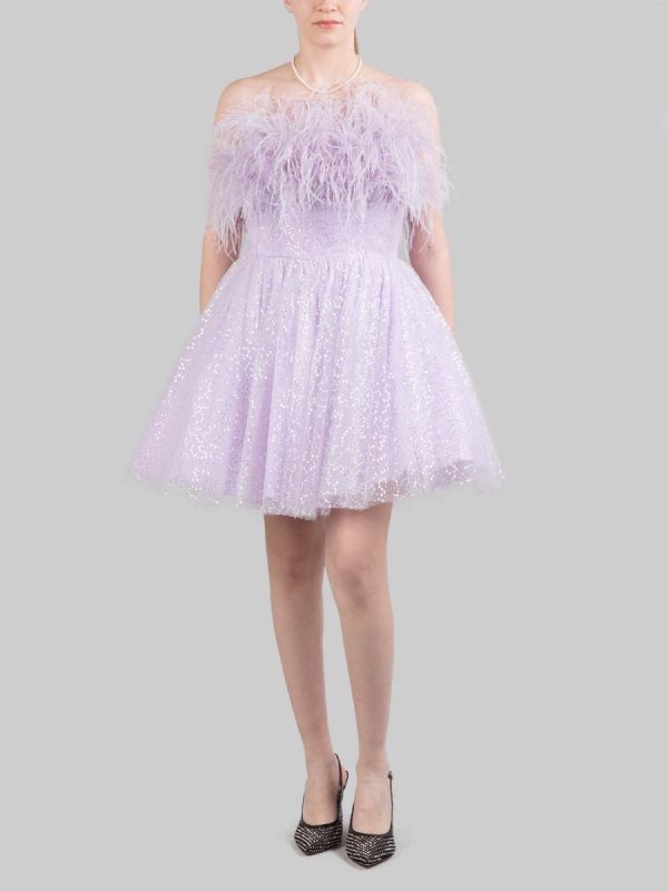 MINI ABITO LILLA CON PAILLETTES E PIUME