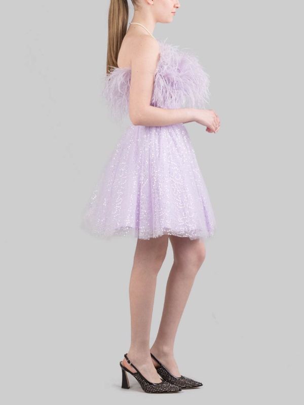 MINI ABITO LILLA CON PAILLETTES E PIUME