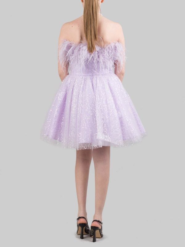 MINI ABITO LILLA CON PAILLETTES E PIUME