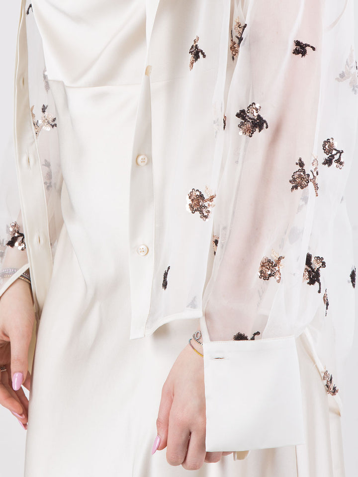 Camicia in organza di seta con fiori in paillettes