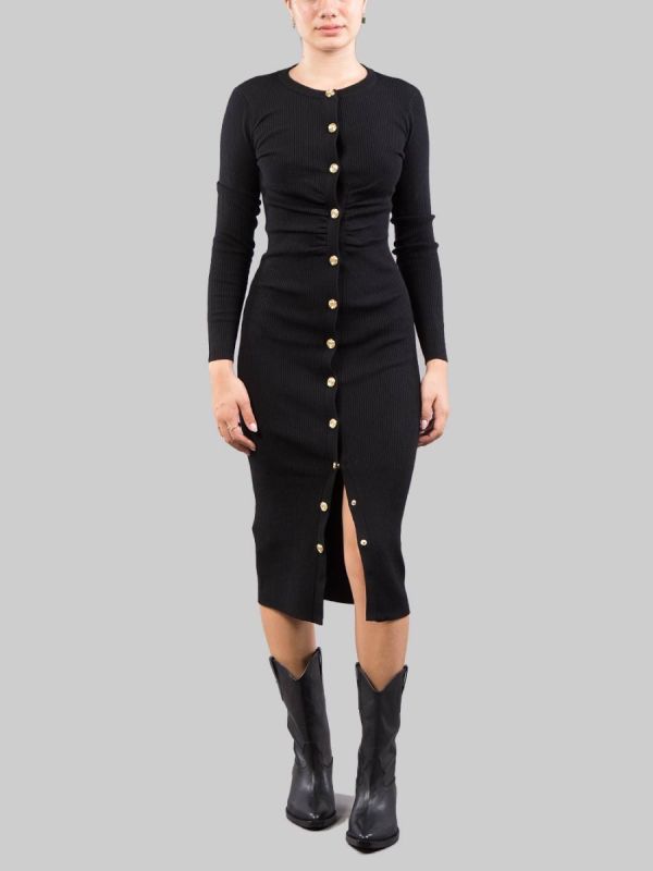 BLACK FITTED LONGUETTE DRESS IN RIBBED STRETCH WOOL