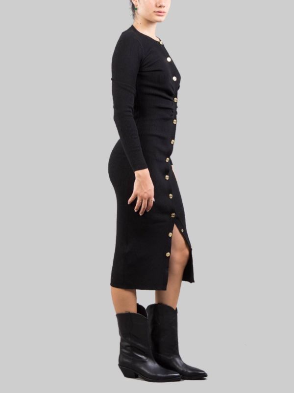 BLACK FITTED LONGUETTE DRESS IN RIBBED STRETCH WOOL