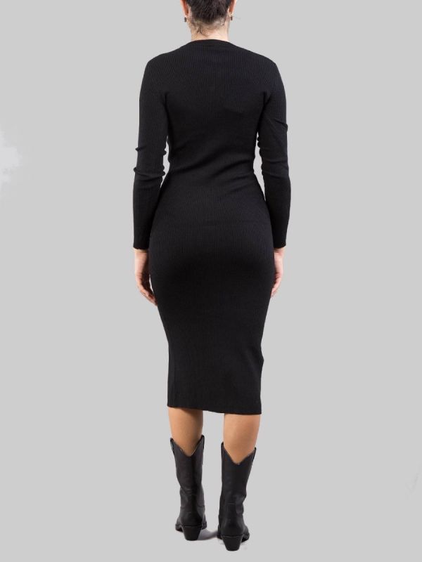 BLACK FITTED LONGUETTE DRESS IN RIBBED STRETCH WOOL