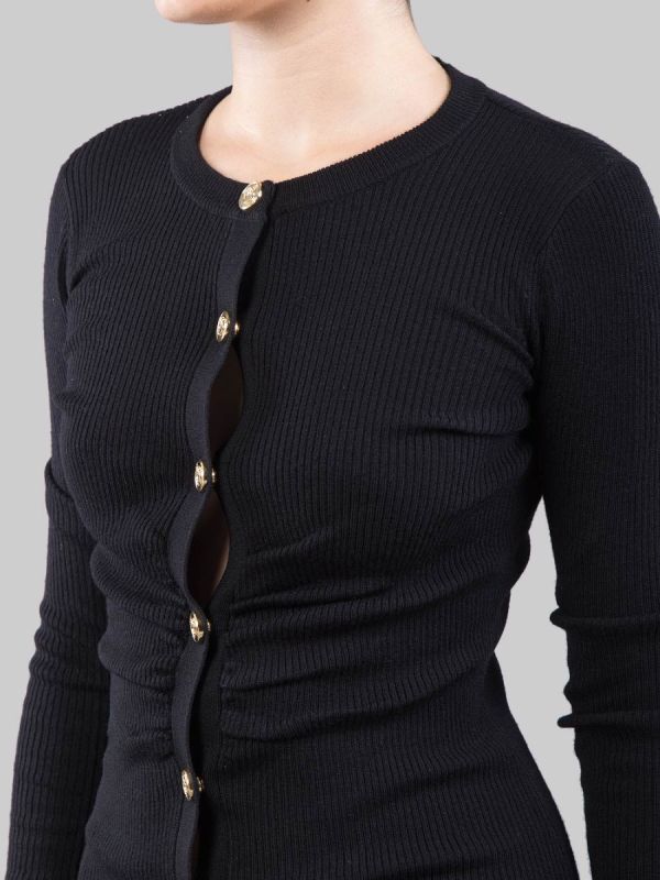 BLACK FITTED LONGUETTE DRESS IN RIBBED STRETCH WOOL