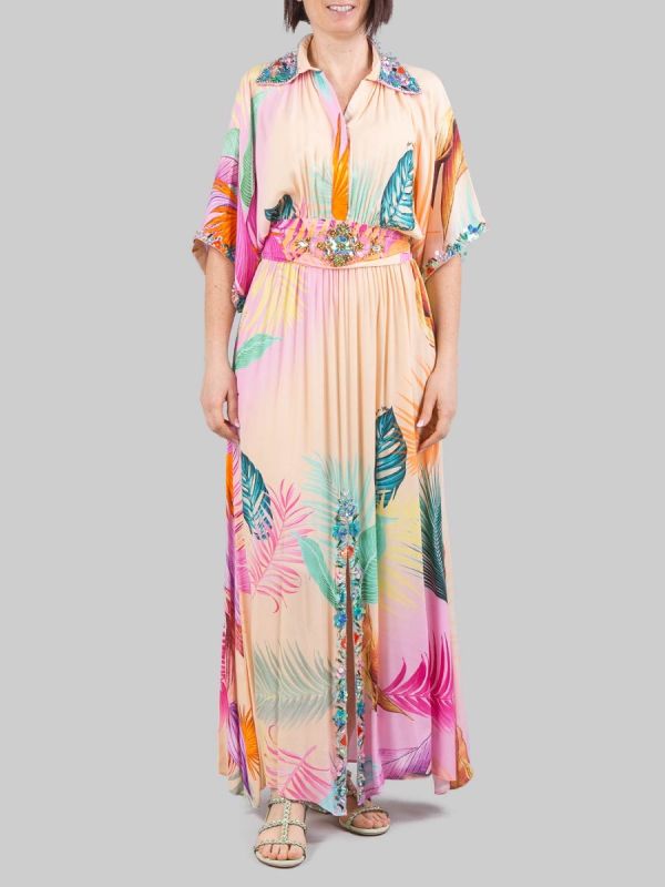 LONG PATTERNED DRESS WITH MULTICOLOURED BEAD, RHINESTONE AND SEQUIN DECORATIONS