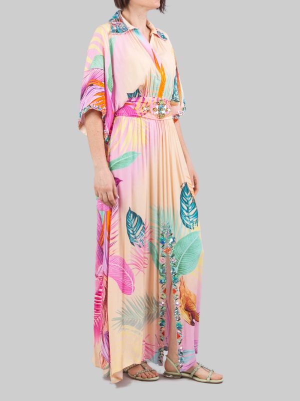 LONG PATTERNED DRESS WITH MULTICOLOURED BEAD, RHINESTONE AND SEQUIN DECORATIONS