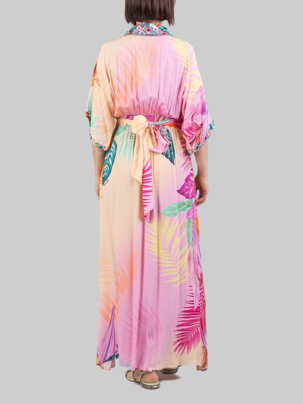 LONG PATTERNED DRESS WITH MULTICOLOURED BEAD, RHINESTONE AND SEQUIN DECORATIONS