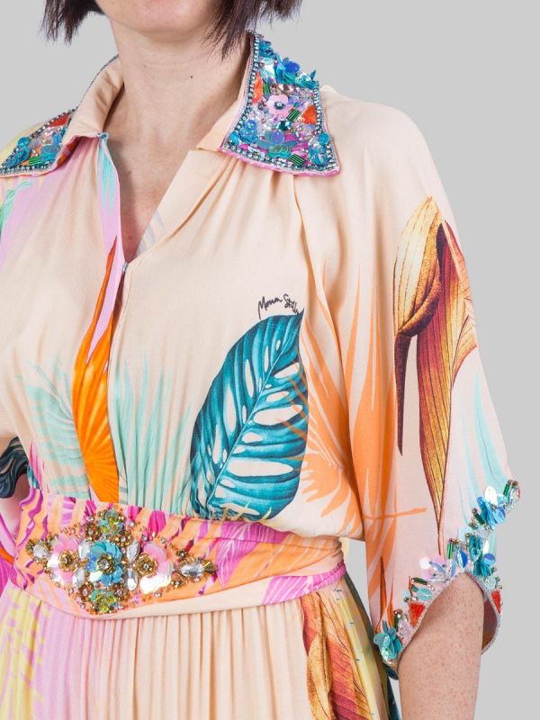 LONG PATTERNED DRESS WITH MULTICOLOURED BEAD, RHINESTONE AND SEQUIN DECORATIONS