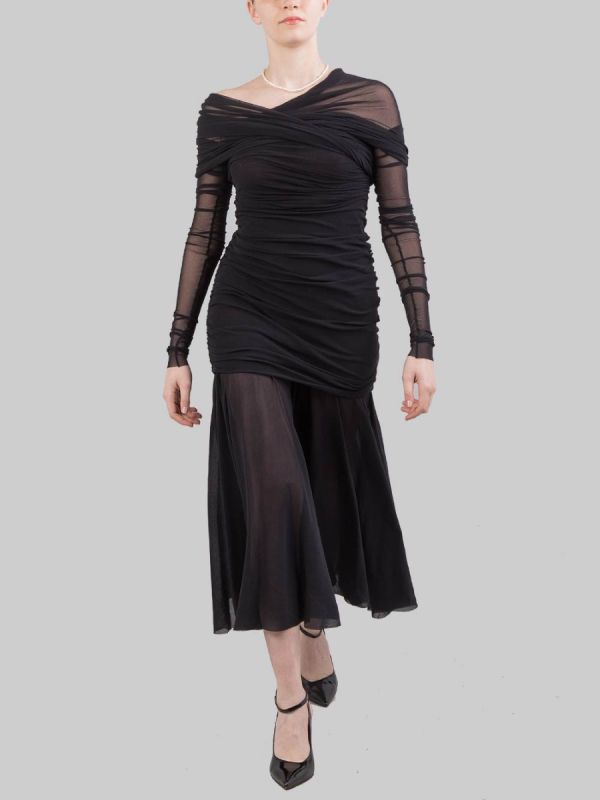 ABITO LUNGO NERO IN TULLE ELASTICIZZATO