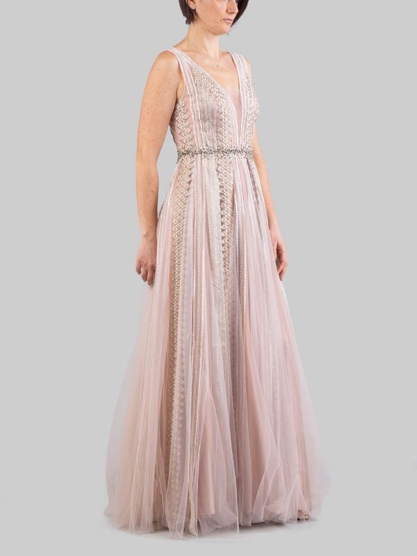 ABITO LUNGO ROSA DECORATO CON RICAMI E STRASS